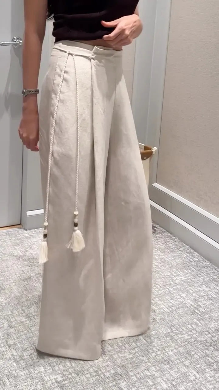 Beige Linen Pleated Wide Leg Trousers