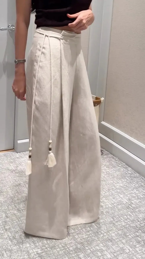 Beige Linen Pleated Wide Leg Trousers