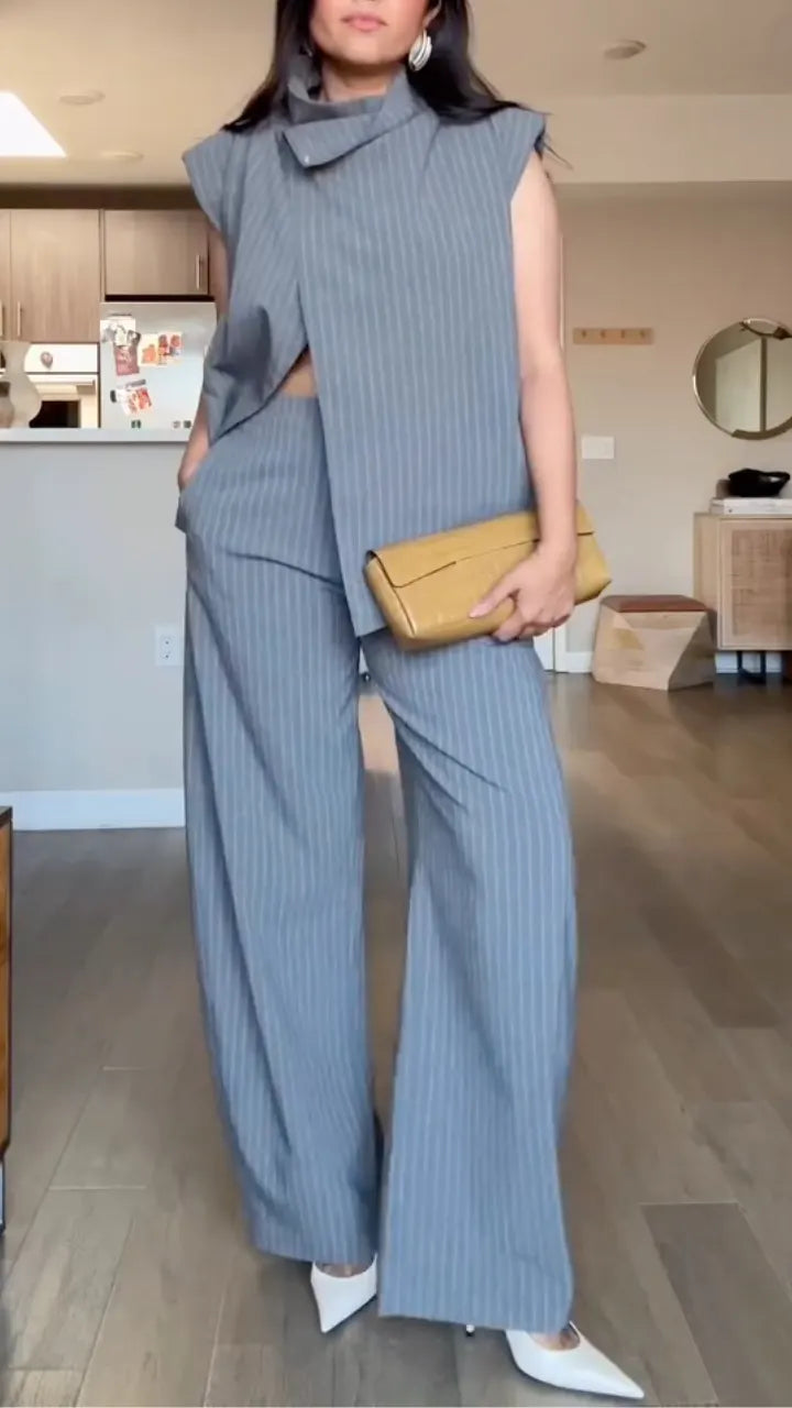 Grey Pinstripe Sleeveless Vest & Wide Leg Pants Set