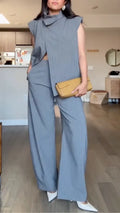 Grey Pinstripe Sleeveless Vest & Wide Leg Pants Set