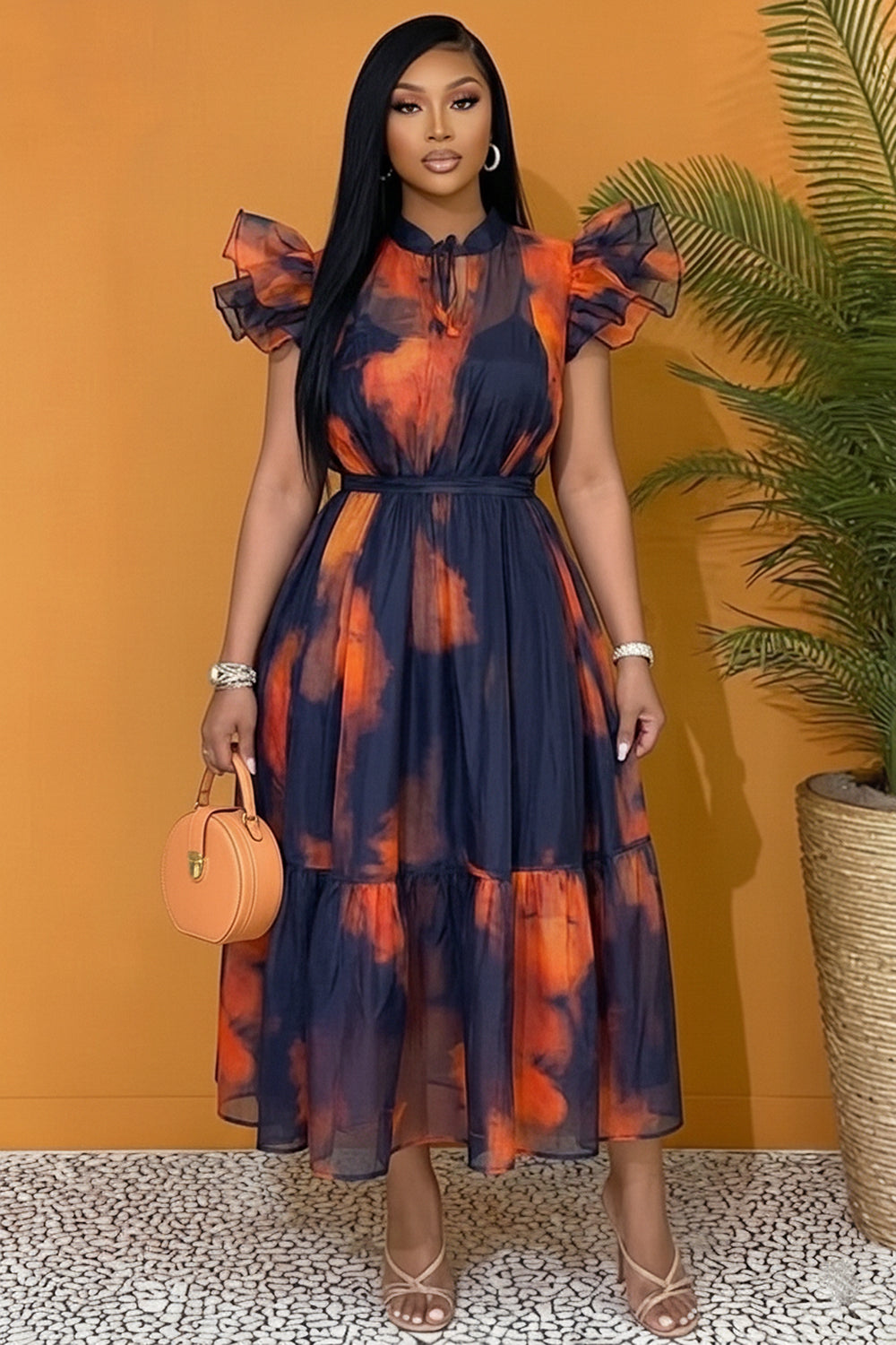 Stand-Up Collar Ruffle Colorblock Casual Maxi Dresses-Multicolor