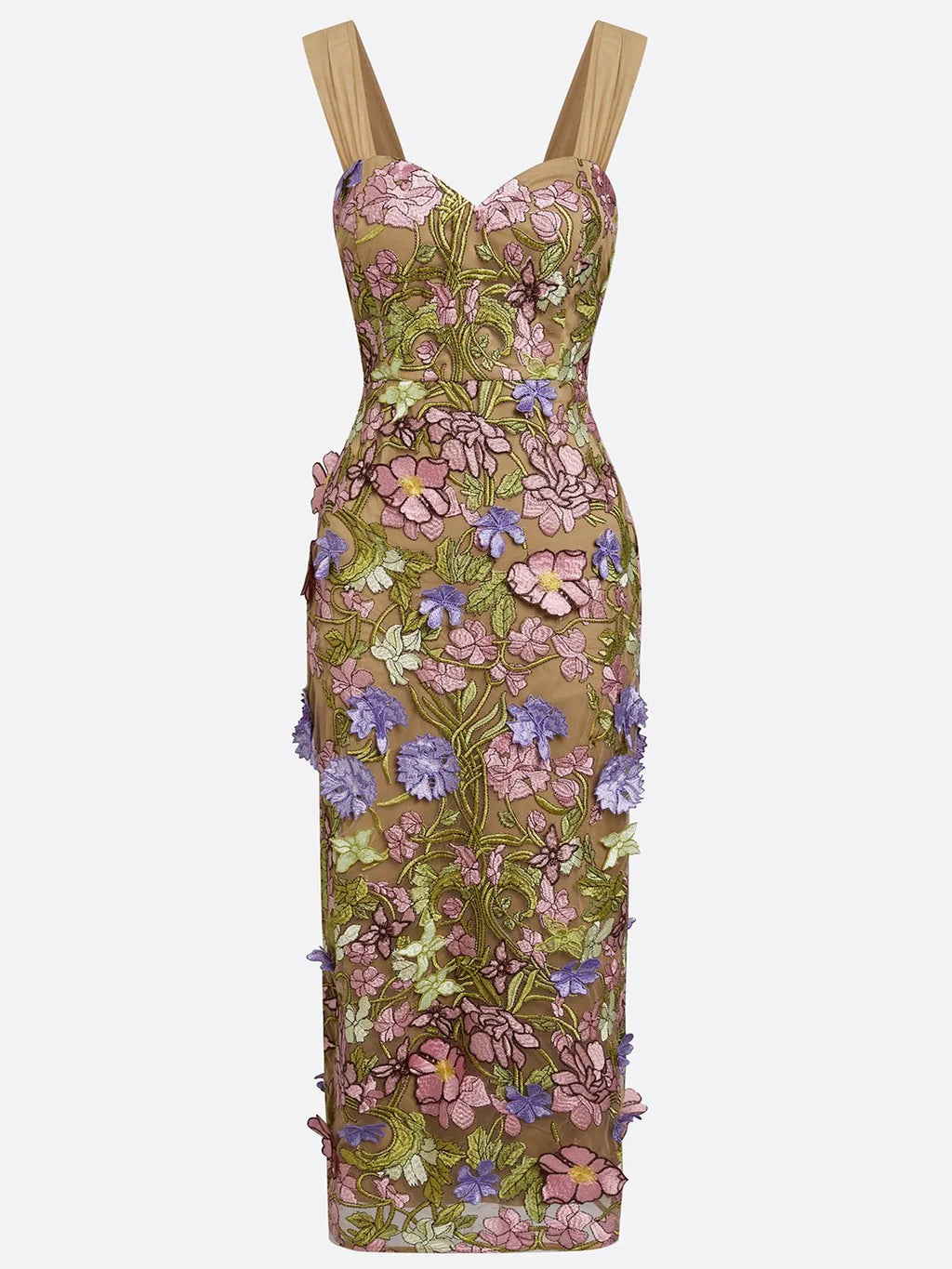 Pink 3D Floral Lace Applique V Neck Sleeveless Sheath Maxi Dress