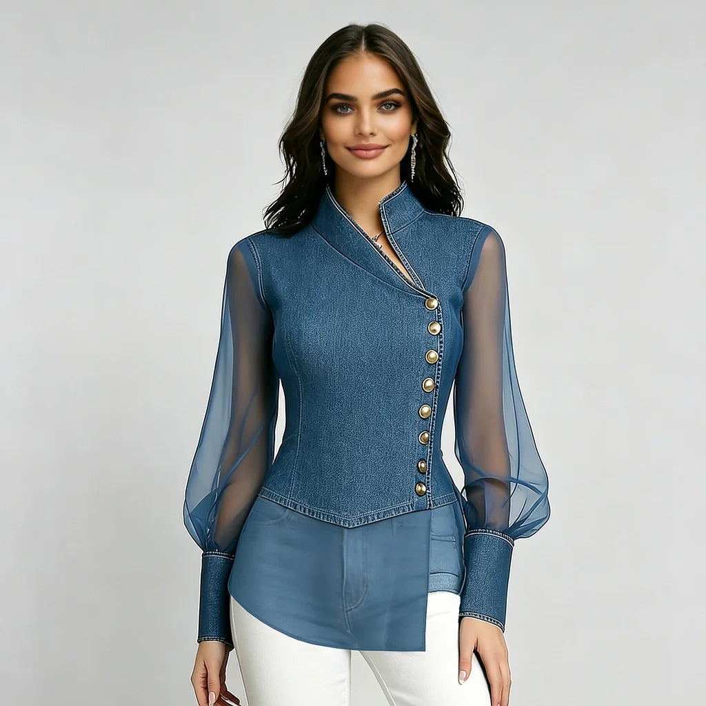 Blue Denim Sheer Mesh Blouse