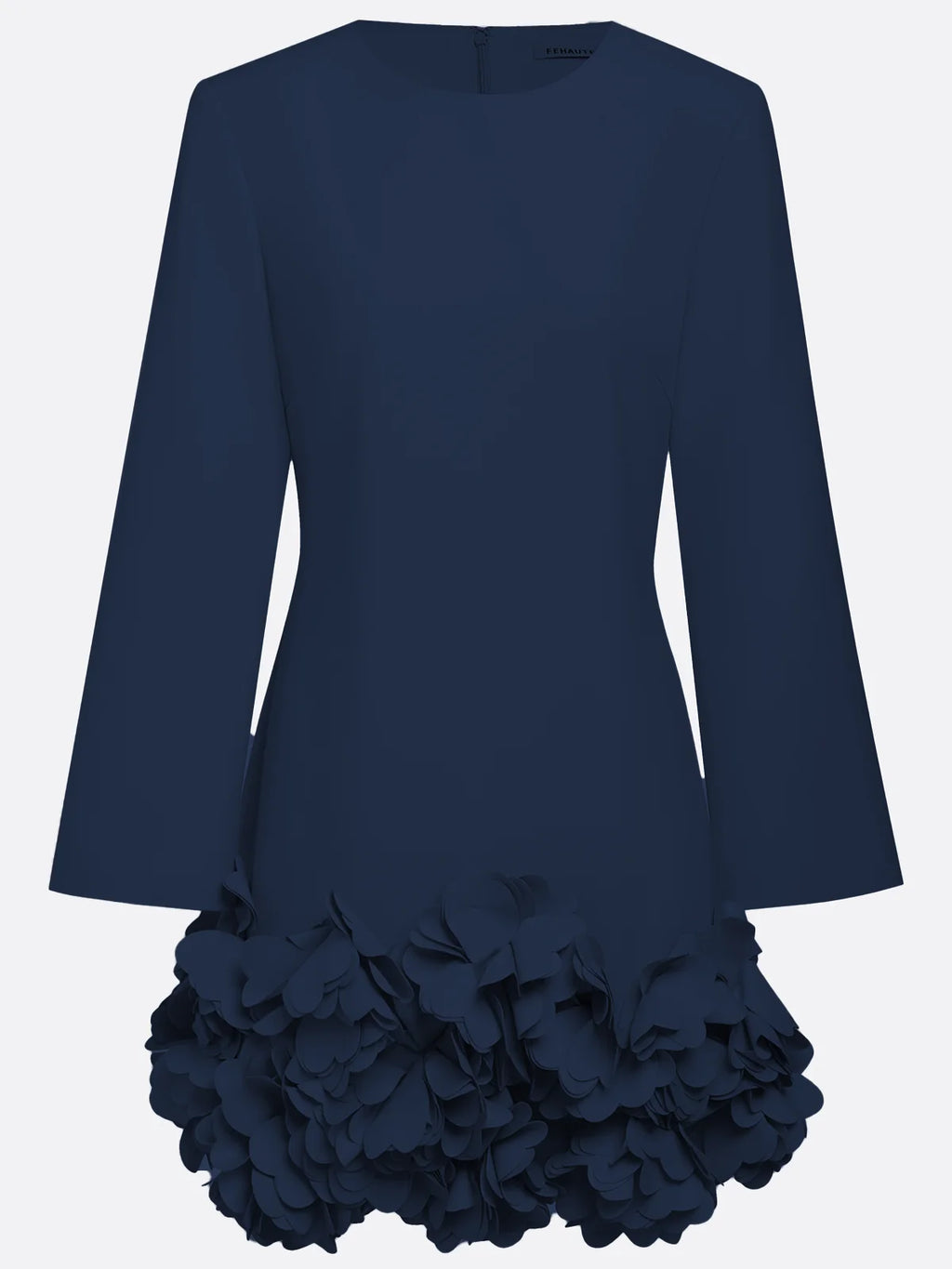 Purplish blue 3D Floral Classic Crew Neck Bell Long Sleeve Shift Mini Dress