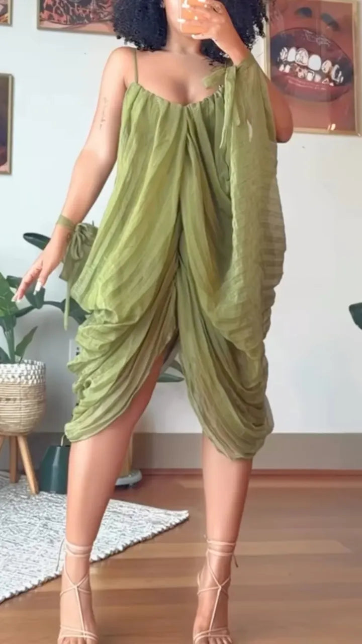 Green Draped Spaghetti Strap Midi Dress