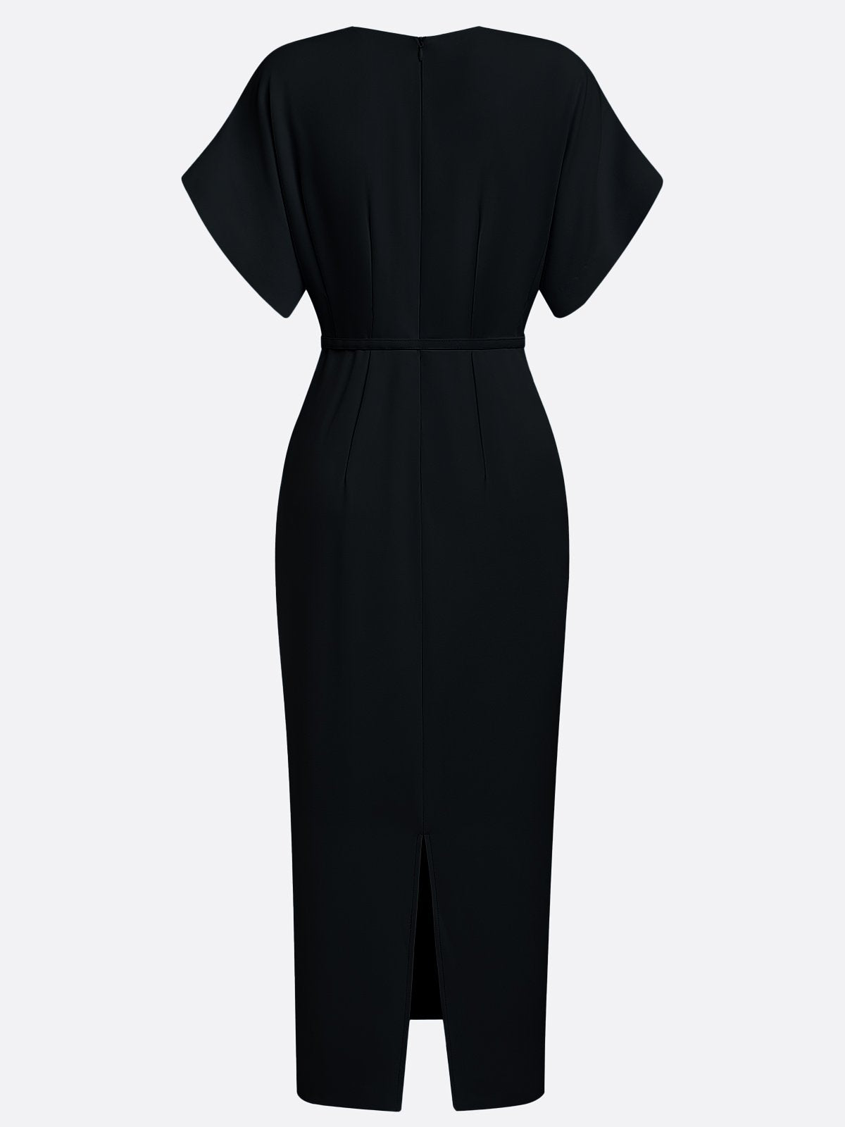 Black Slit Classic V Neck Short Sleeve Dolman Sleeve Sheath Midi Dress With Belt