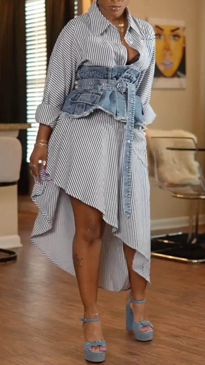 Women Collar Irregular Dress+ Denim Waist Cinching Casual Suit