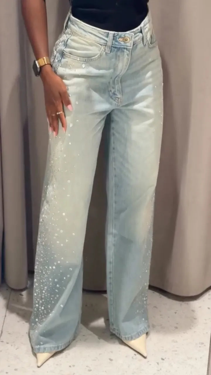 Light Wash Gradient Rhinestone Wide Leg Jeans