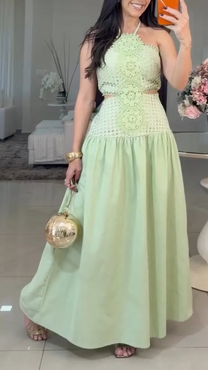 Halter Lace Two‑Piece Maxi Dress