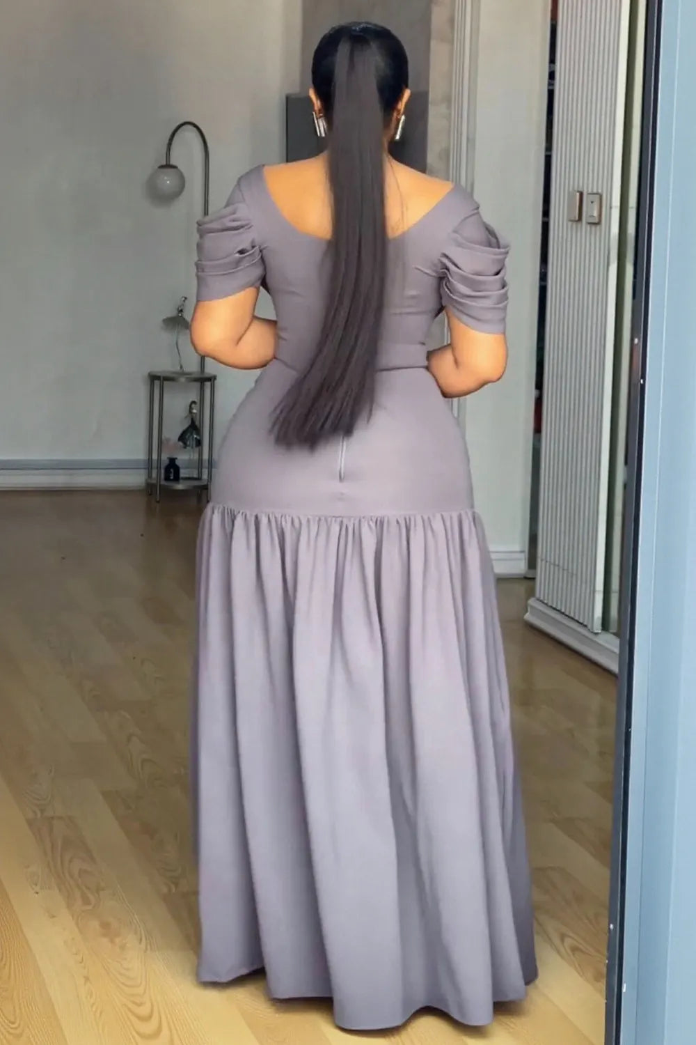 Off Shoulder Short Sleeve Cinch Waist Ruched Maxi Dresses-Purple