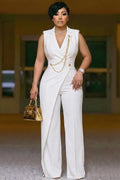 Notched Lapel Sleeveless Cinch Waist High Waist Jumpsuit-White
