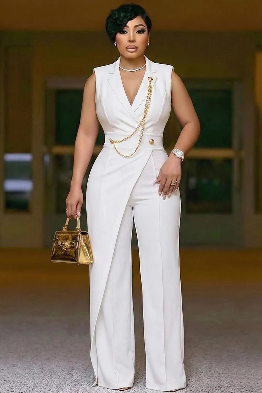 Notched Lapel Sleeveless Cinch Waist High Waist Jumpsuit-White
