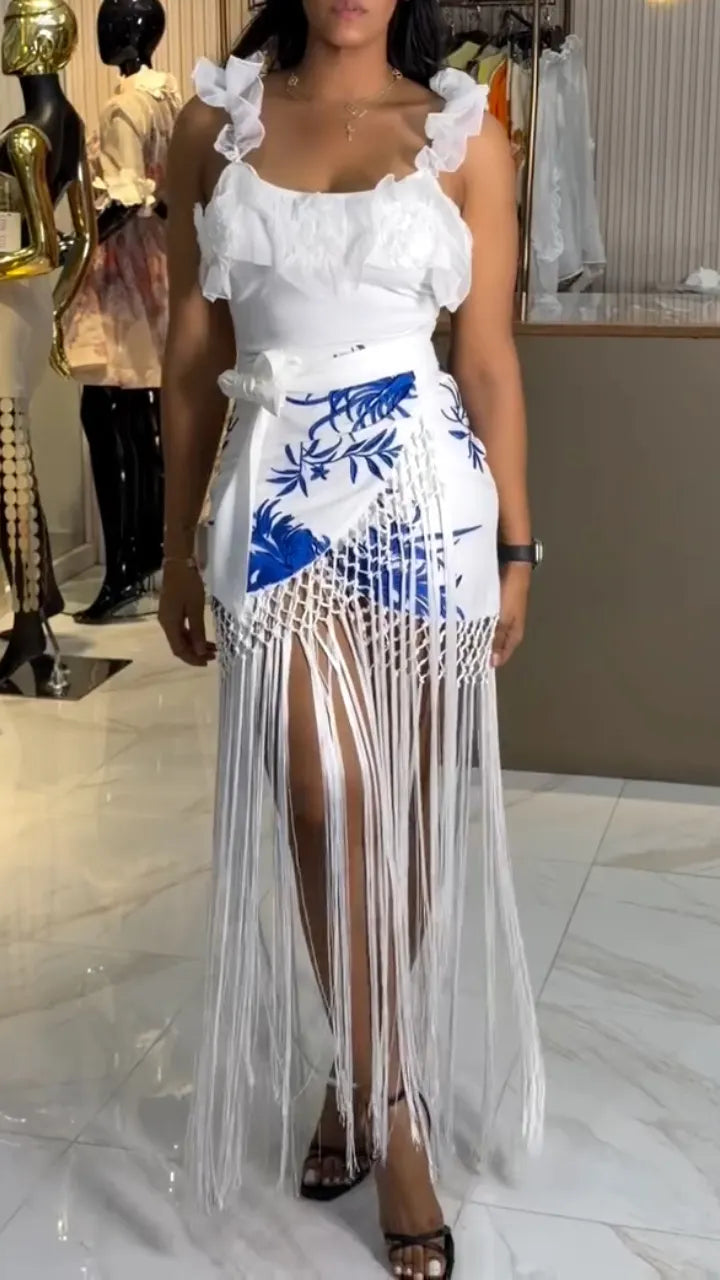 Blue Leaf Print Fringe Wrap Skirt