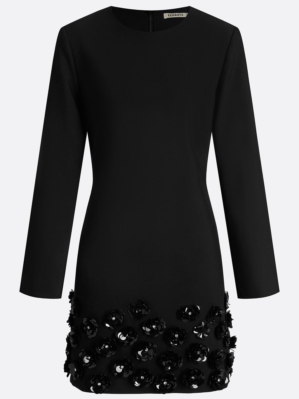 Black 3D Floral Classic Crew Neck Long Sleeve Bell Sleeve A-Line Mini Dress