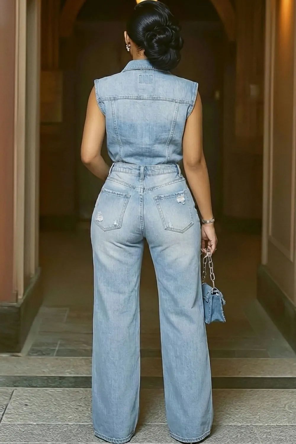 Denim Turndown Collar Sleeveless Cut Out Wide Leg Jumpsuit-Blue
