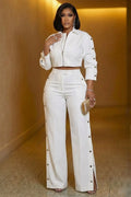 Zip Up Top Straight Leg Pants Side Button Casual 2pcs Set-White