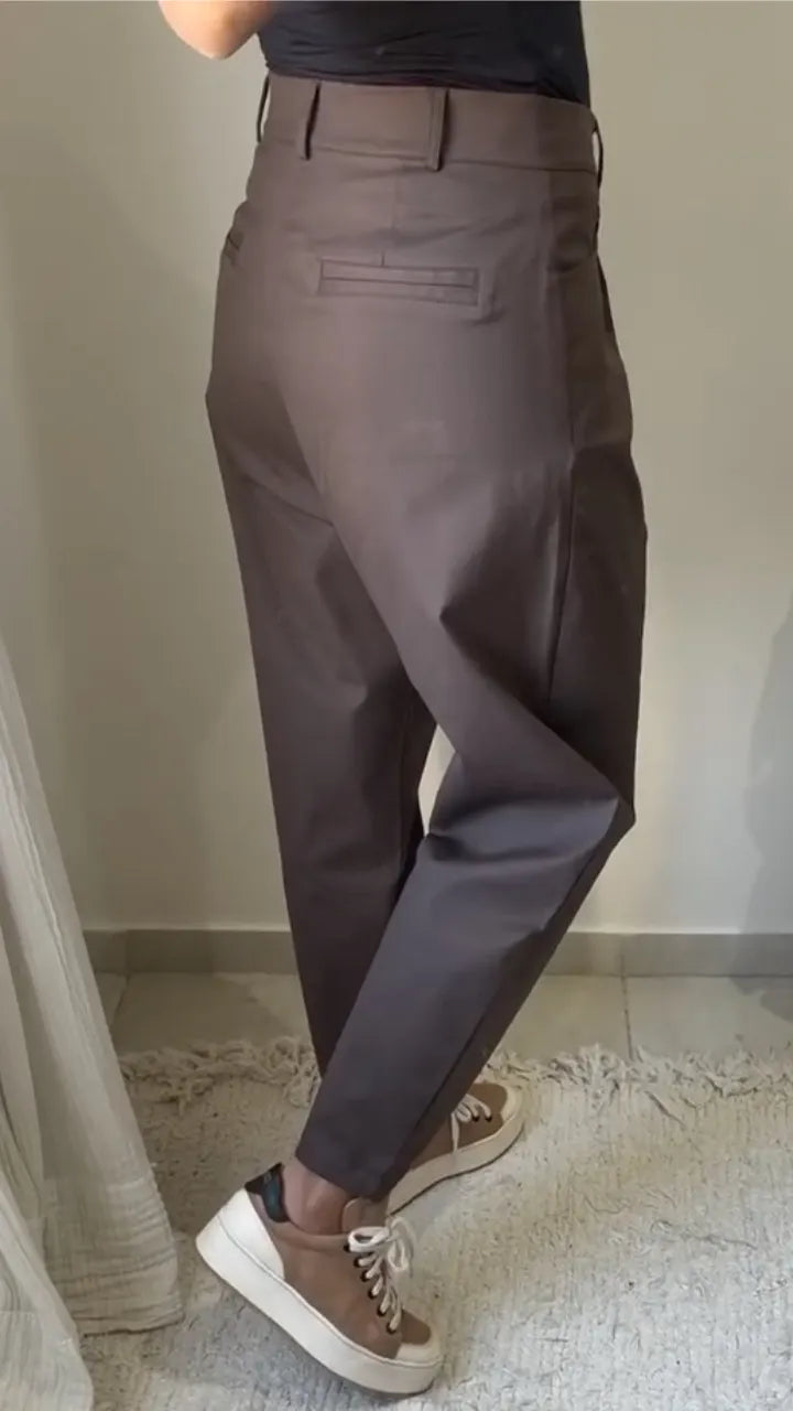 Dark Brown Pleated Tapered Trousers