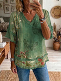 Ethnicity Vintage Bohemia Flowers Texture Women's Art Casual Patchwork V Collar Shirt