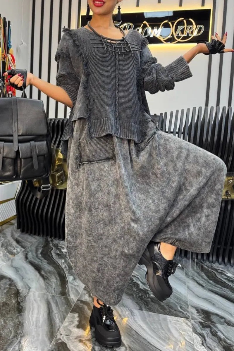 Frayed Knit Top & Drop‑Crotch Harem Pants Outfit