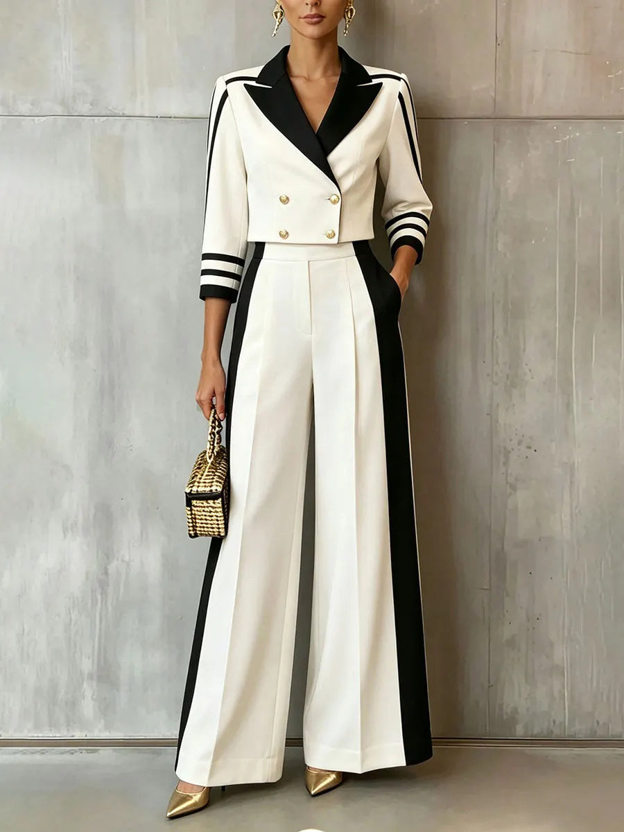Chic Sophisticated Black And White Colorblock Blazer And Trouser Suit