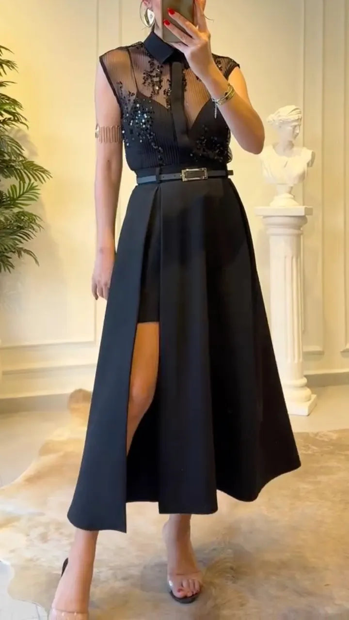 Sequin Mesh Collared Midi Dress With Belt