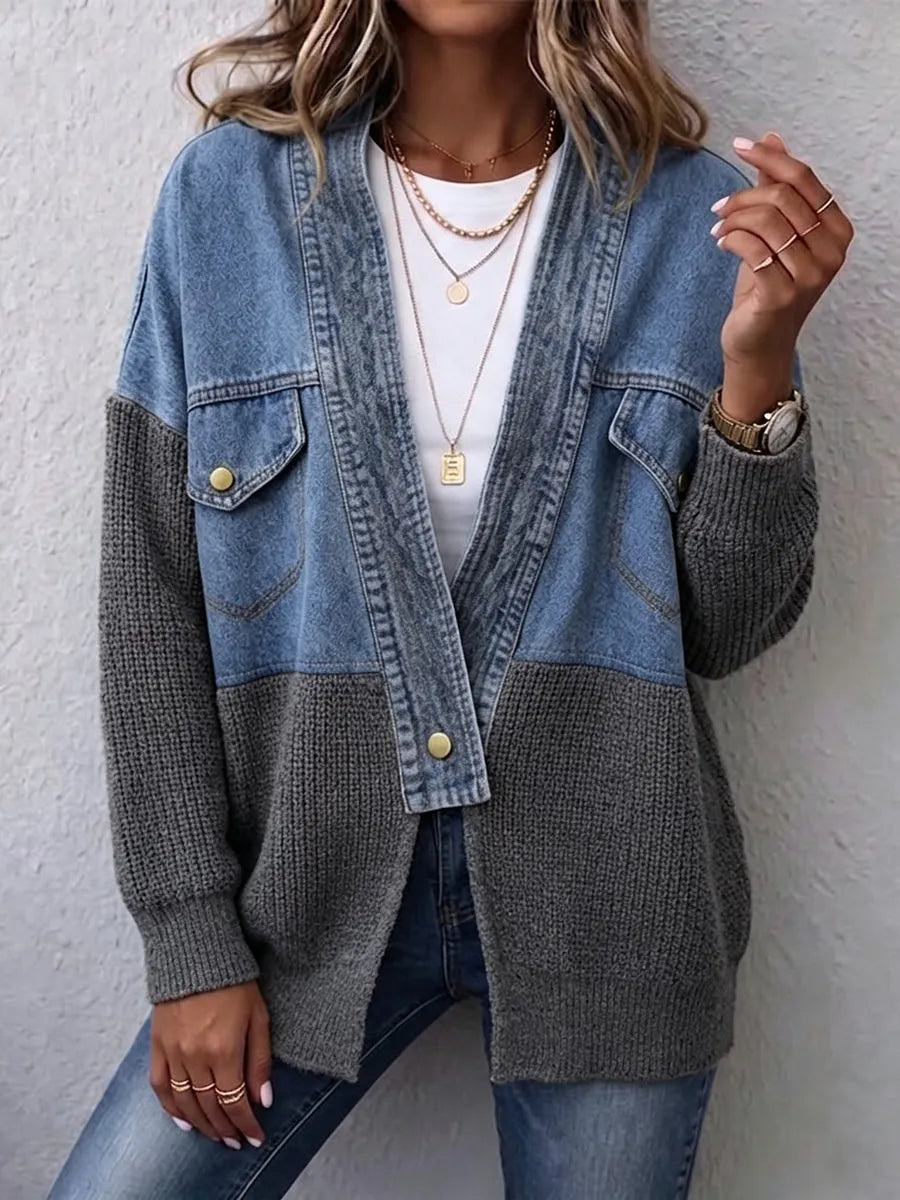 Relaxed, Laid-back Denim And Knit Patchwork Cardigan