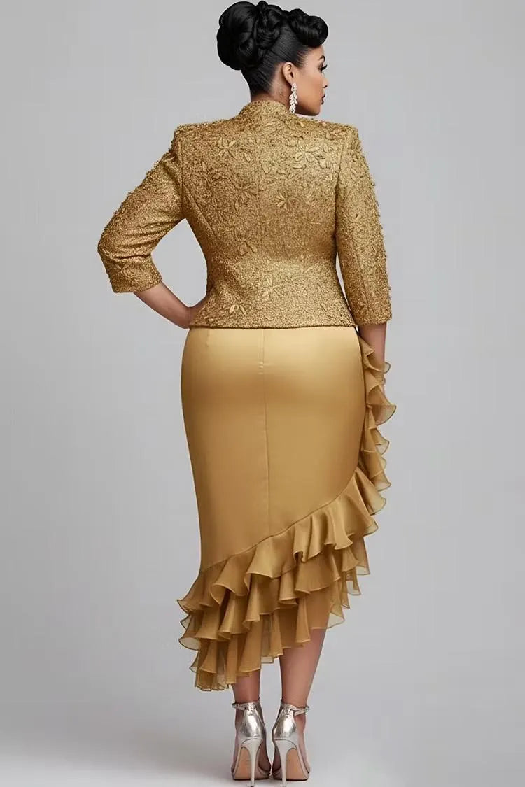 Gold Glitter Jacket And Ruffle Satin Midi Dress Set