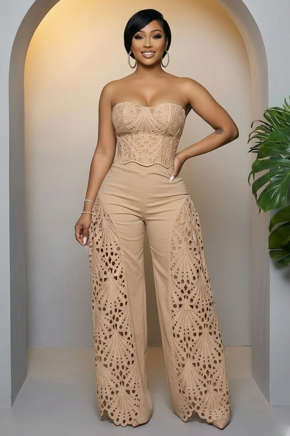 Strapless Cinch Waist Hollow Out Wide Leg Casual Jumpsuit-Beige