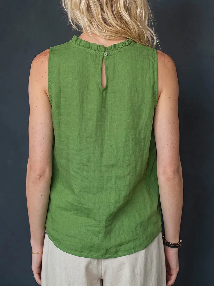 Women's Solid-color Sleeveless Cotton-linen Top With Lettuce-edge Crew Neck (loose Fit)