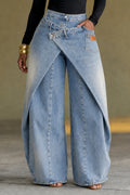 Wrap Skirt‑Effect Wide Leg Denim Pants