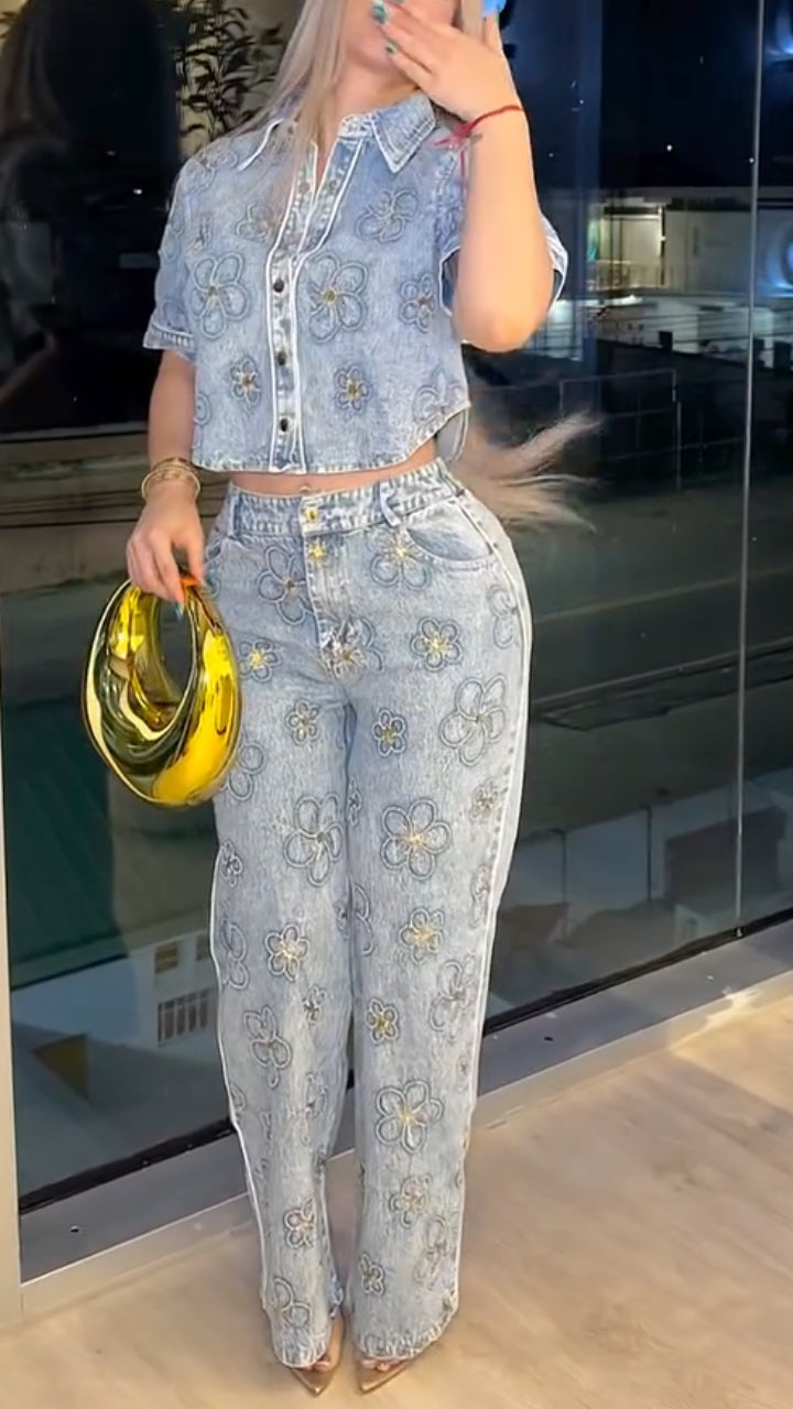 Light Wash Gold Floral Embroidered Denim 2 Piece Set,