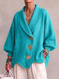 Oversized Knit Cardigan Featuring Large Metal Buttons, A Shawl Collar, And An Asymmetrical Hem