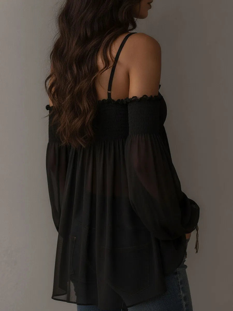 Boho Romantic Black Sheer Chiffon Smocked Bodice Blouse