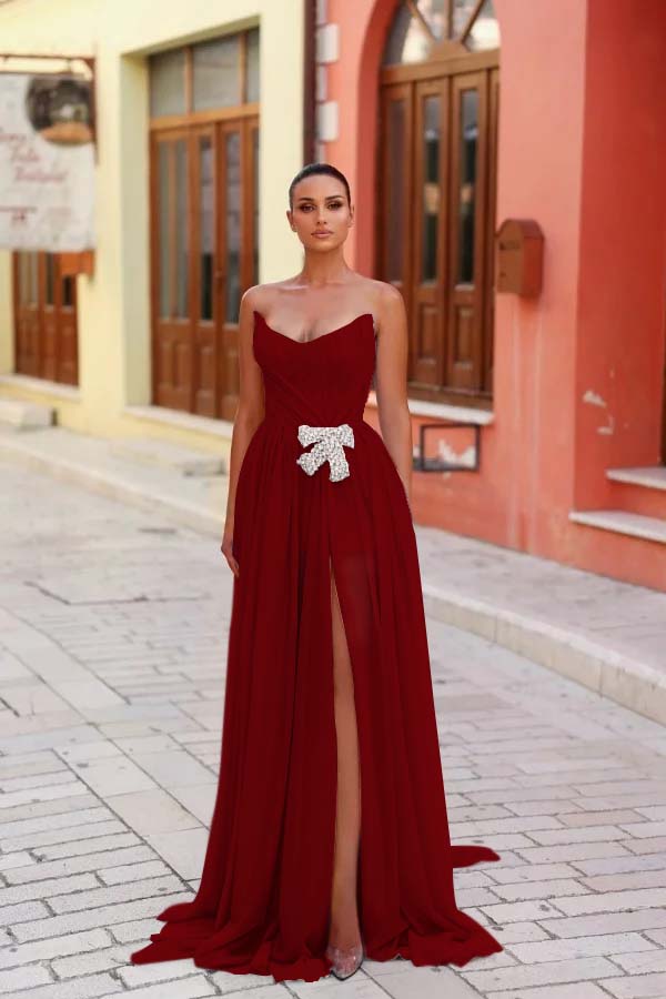 Strapless Sleeveless Long Split Prom Dress With Pleated Beading WQ0269