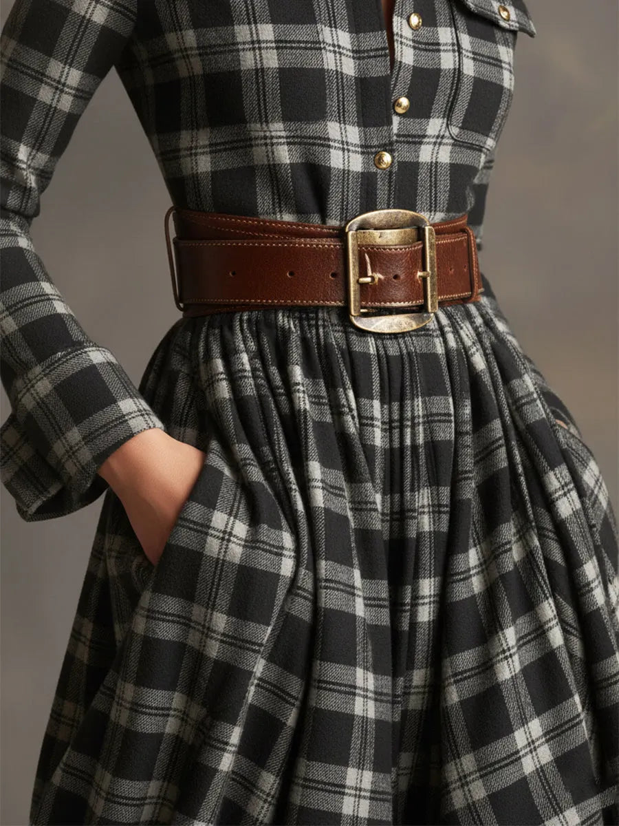 Retro Ethnic Style Lapel Reddish Brown Plaid Maxi Dress