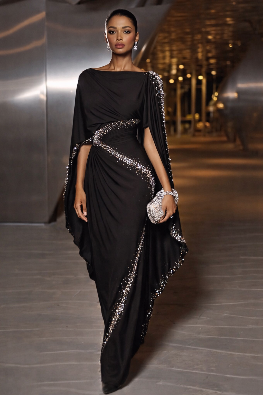 Black Rhinestone Embellished Cape Sleeve High Slit Maxi Evening Dress