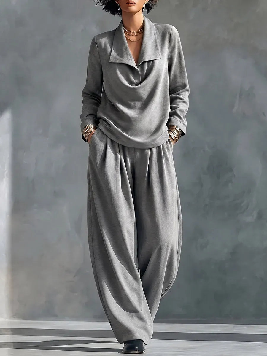 Women's Solid Color Collared Long-sleeved Casual Loose Top And High-waisted Wide-leg Pants Set