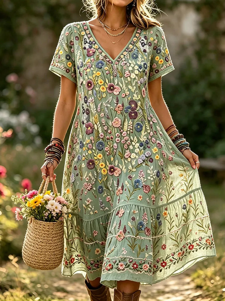 Women's Vintage Romantic Floral Art Linen Blend Maxi Dress
