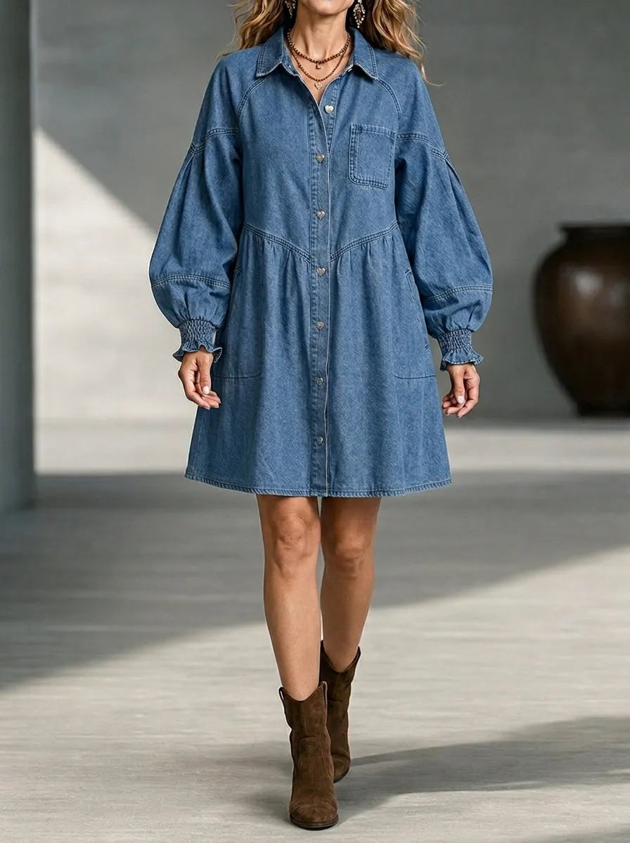 Oversized Babydoll Denim Mini Dress – Long Puff Sleeve Shirt Dress
