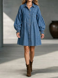 Oversized Babydoll Denim Mini Dress – Long Puff Sleeve Shirt Dress