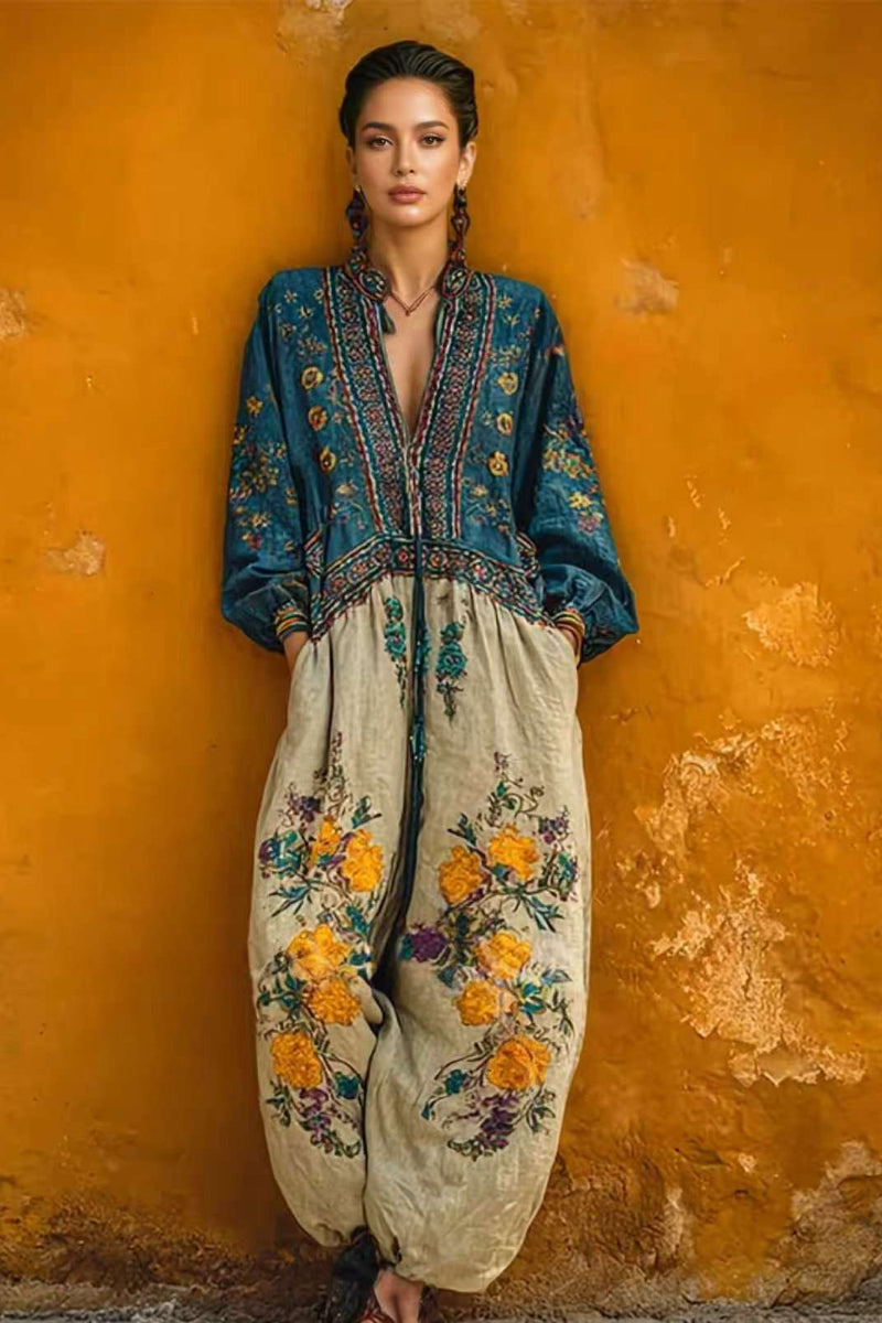 Ethnic Embroidery Cotton Linen Loose Jumpsuit