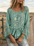 Vintage Art Print Casual Ruffle Shirt