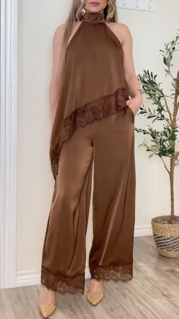 Women's Halter Neck Lace Satin Patchwork Casual Suit