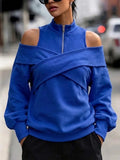 Crisscross-strap Off-shoulder Zip-up Sweatshirt