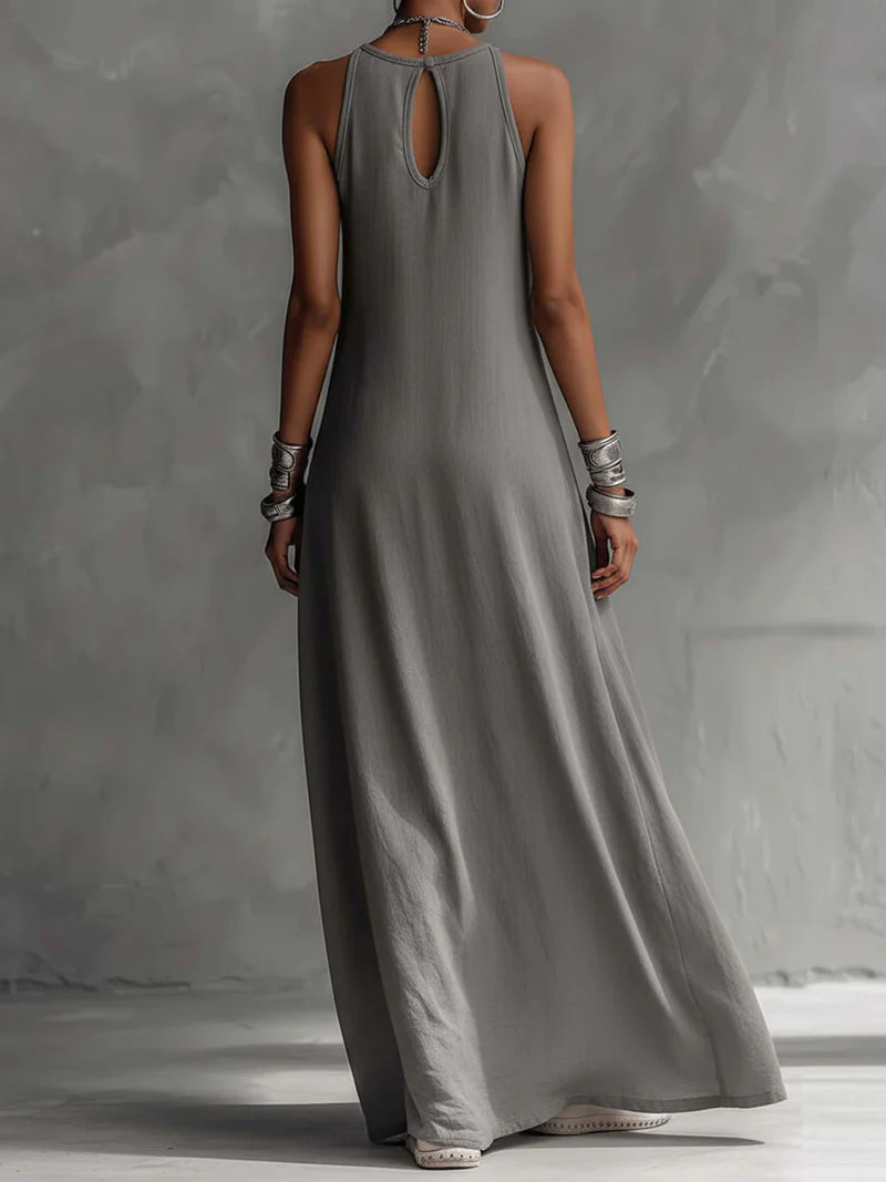 Gray and White Color-block Sleeveless Halter-neck Wide-leg Maxi Dress