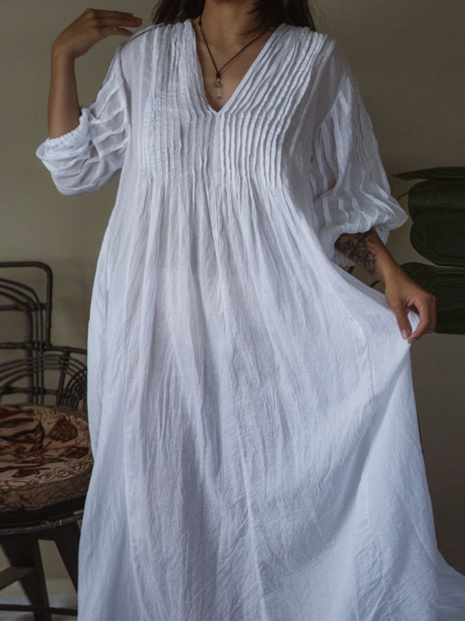 Women's Casual Solid Color V-Neck Three-quarter Sleeve Pleated Dress