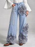 High-waisted, Loose-fit Wide-leg Jeans Featuring Elaborate, Dimensional Rose Embroidery
