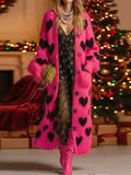 Chic Hot Pink Heart-Patterned Open-Front Long Cardigan