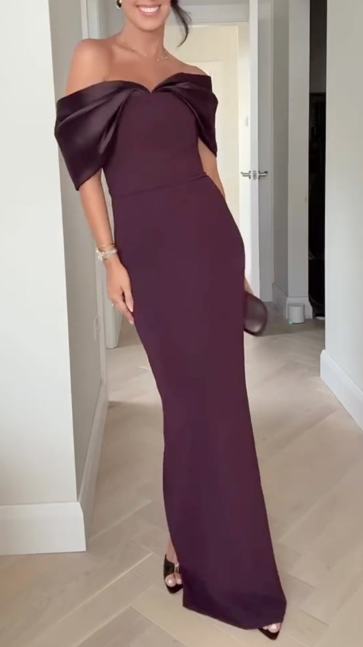 Off Shoulder Satin Midi Formal Dress