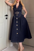Women's Elegant Lapel Button Front Denim Dress with Belt